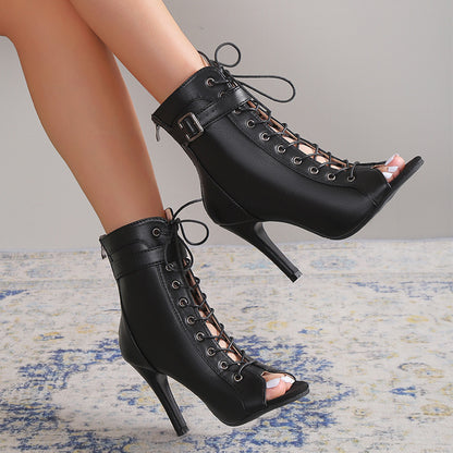 Women's Peep Toe High Heel Pumps Shoes Fashion Lace-up Buckle Sandals With Back Zipper Design